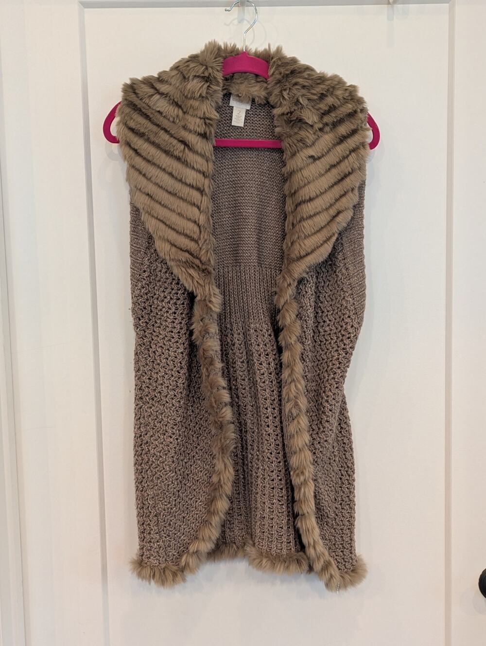 Chicos Faux Fur Trim Metallic Knit Vest Sz 2 (US L) Taupe Brown Open Shimmer